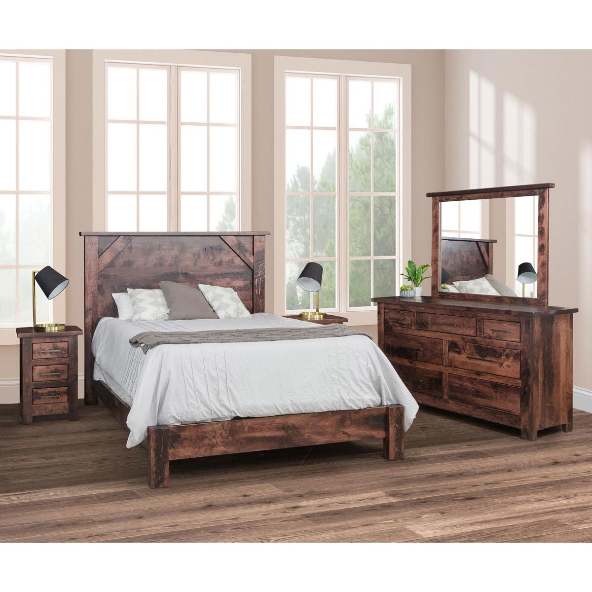 Rustic farmhouse bedroom set in a distressed brown finish with a panel bed, dresser with mirror and three-drawer nightstand