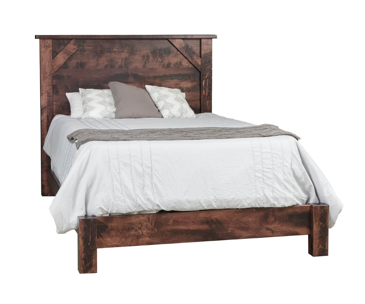 Rustic farmhouse bedroom set in a distressed brown finish with a panel bed, dresser with mirror and three-drawer nightstand