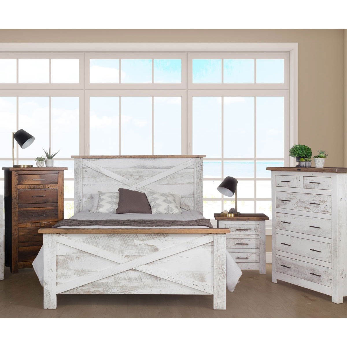 Coastal style bedroom set with a distressed white X-panel bed, natural wood top caps, nightstand and chest of drawers