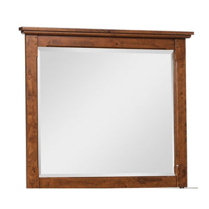 Telluride landscape mirror in rustic cherry with a stepped crown cap and beveled glass