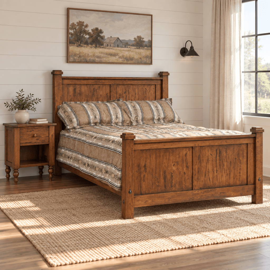 Amish Rustic Wood Telluride Panel Bed shown in the bedroom of a modern farmhouse home