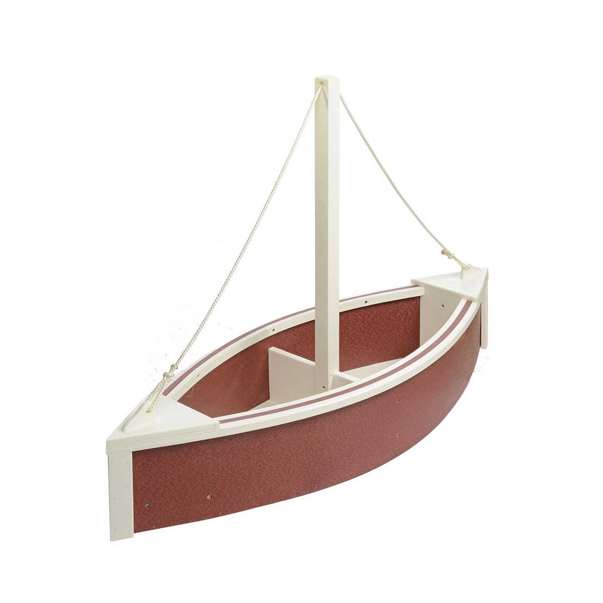 Cherry red and white sailboat shaped outdoor planter with a mast, rigging and divided hull