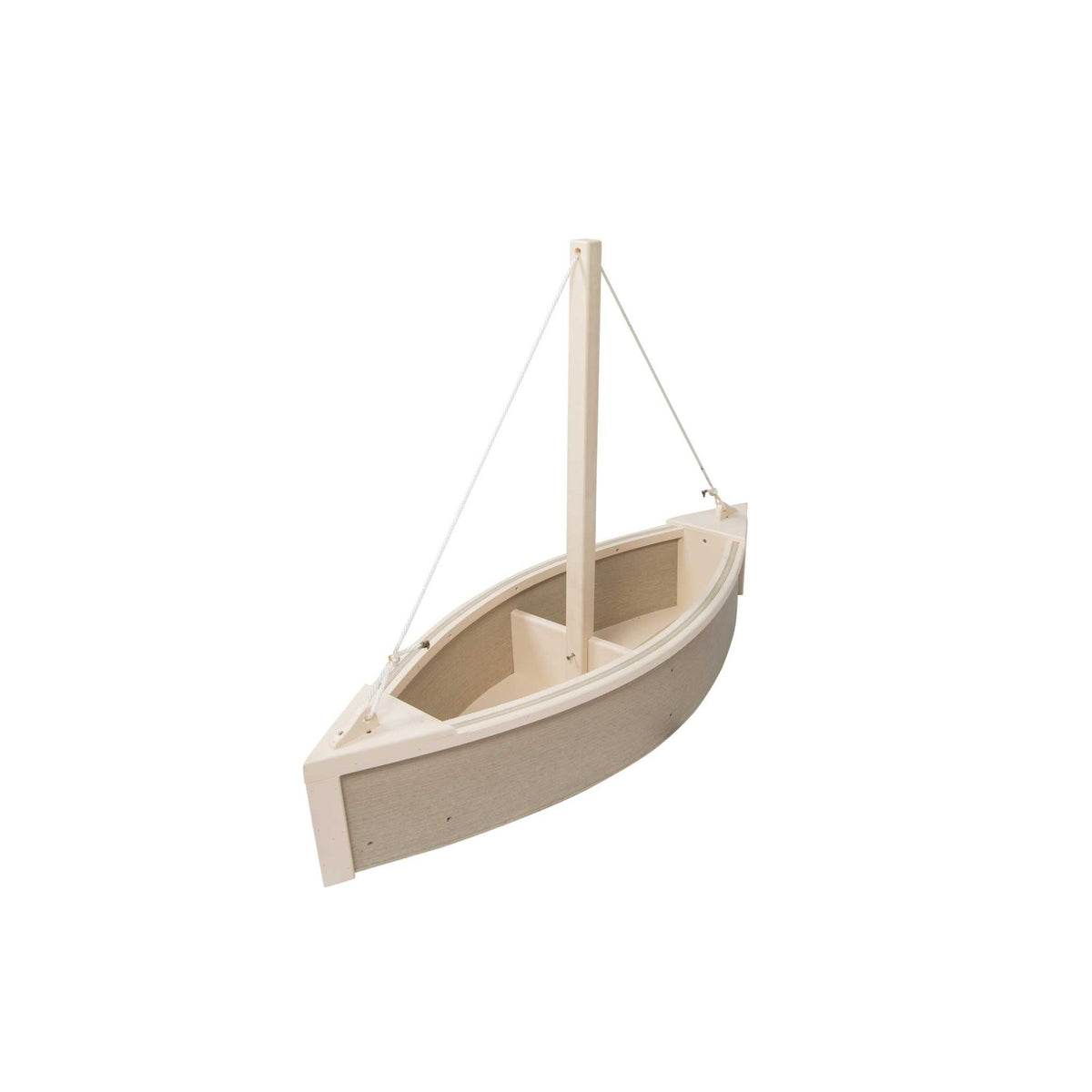 Birch and ivory sailboat shaped planter with a slim mast, rope rigging and open hull box