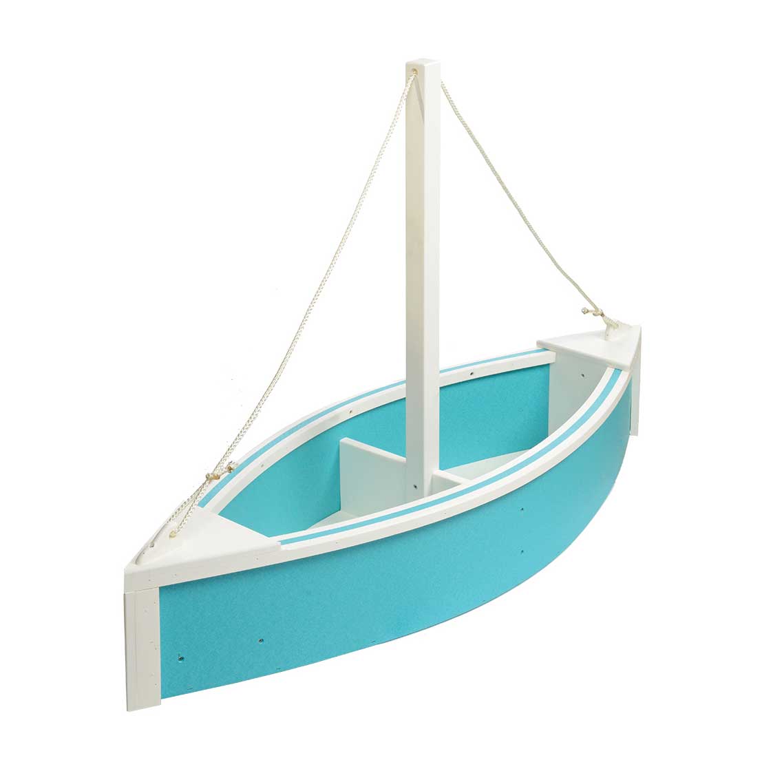 Aqua and white poly sailboat planter viewed from the bow, showing the open hull planting space
