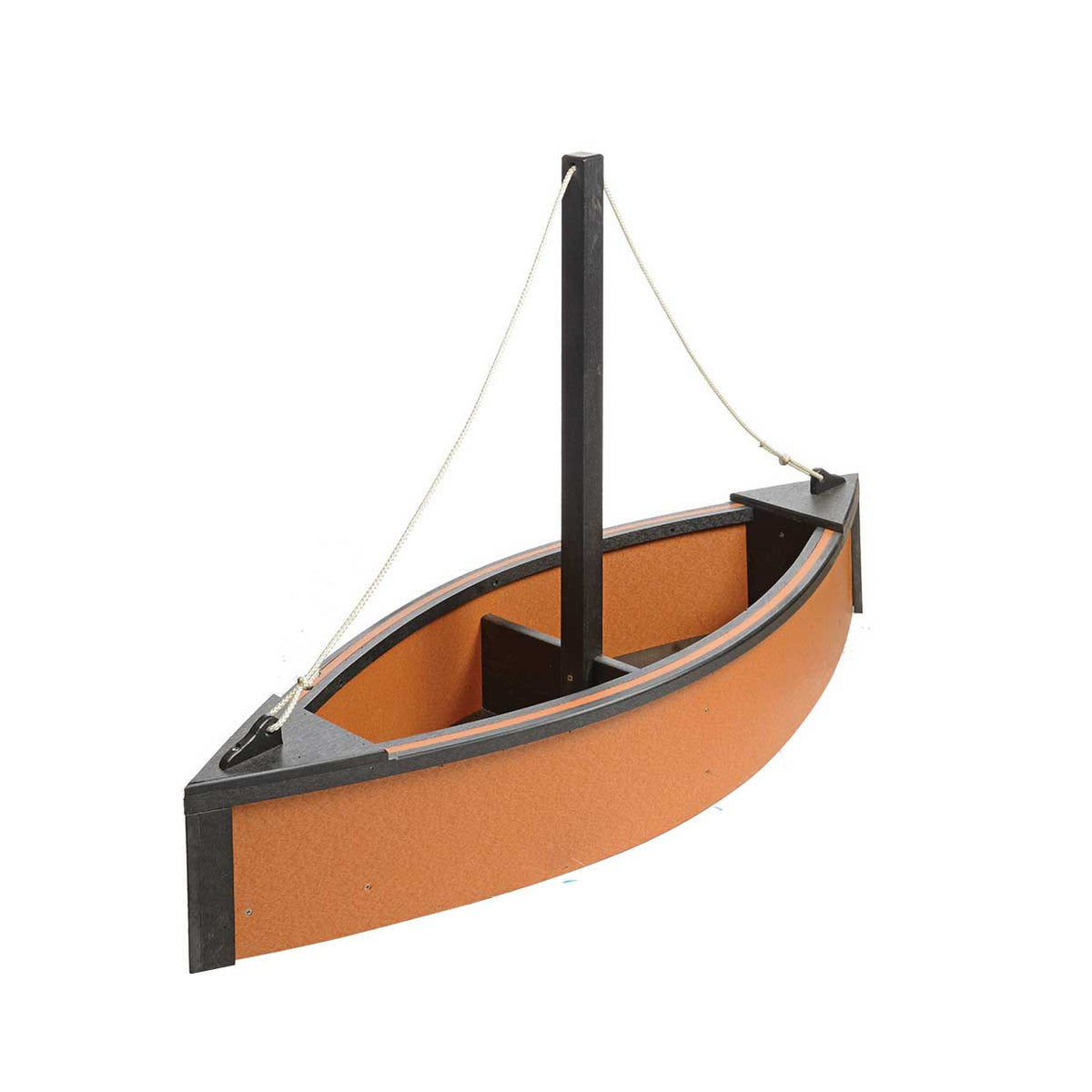 Orange and black poly sailboat planter with a black mast, rope stays and a wide planting well