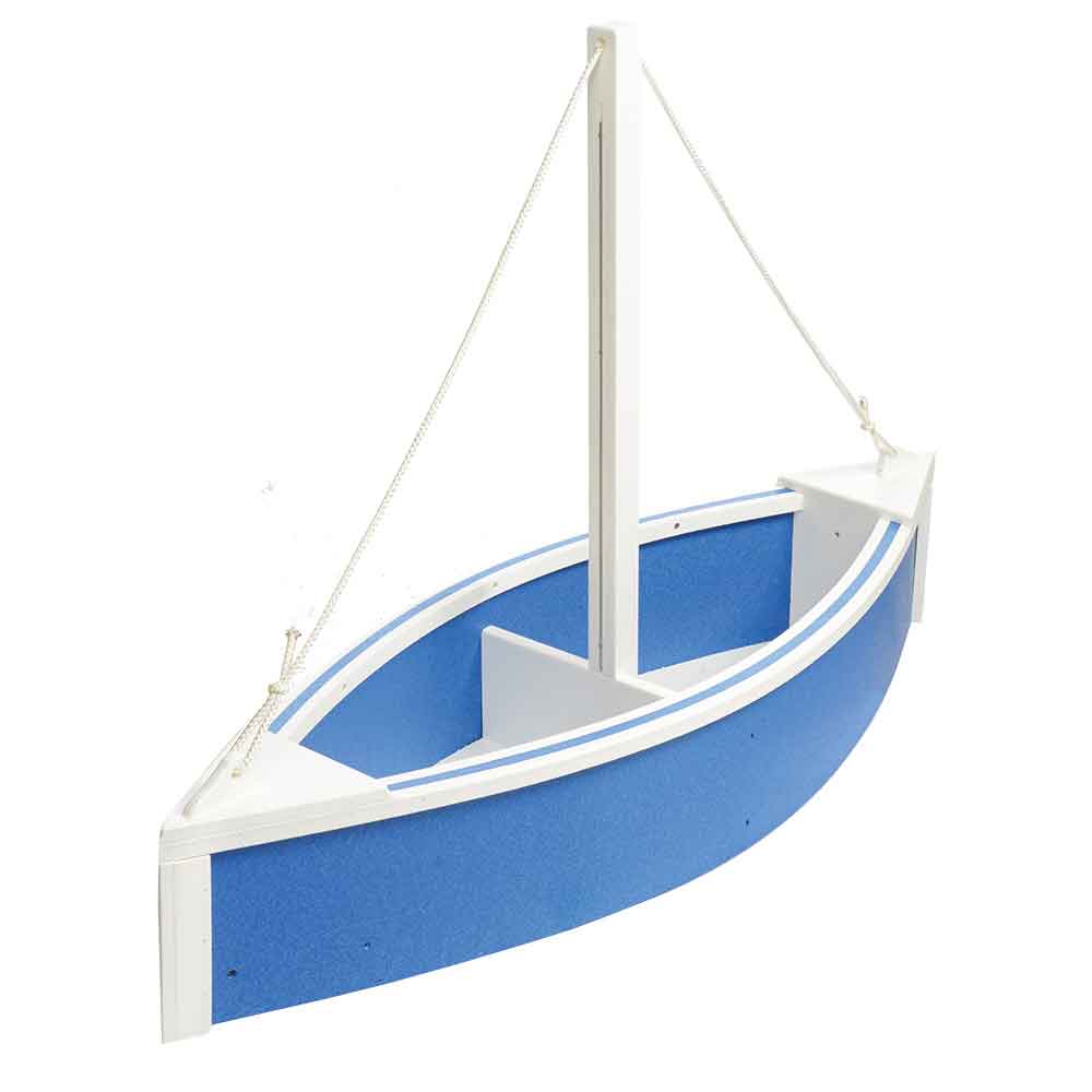 Blue and white sailboat shaped outdoor planter with a mast, rope rigging and open planting well