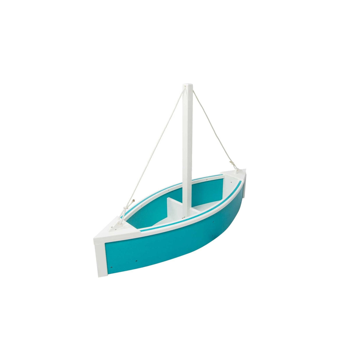 Teal and white sailboat shaped garden planter in recycled poly with a white mast and rope stays