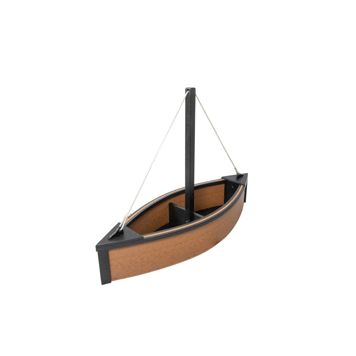 Cedar brown and black sailboat shaped poly planter with a mast, rope rigging and open hull box
