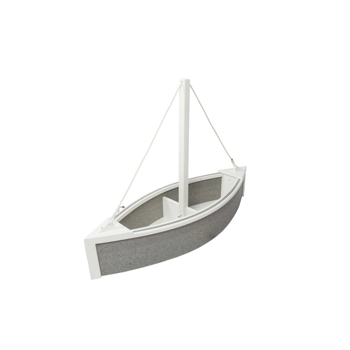 Gray and white poly sailboat planter with a white mast, rope stays and a divided planting bed