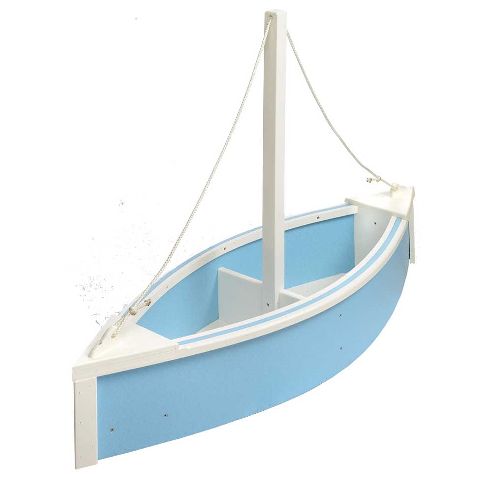Light blue and white poly sailboat planter with a tall mast, rope rigging and divided hull bed