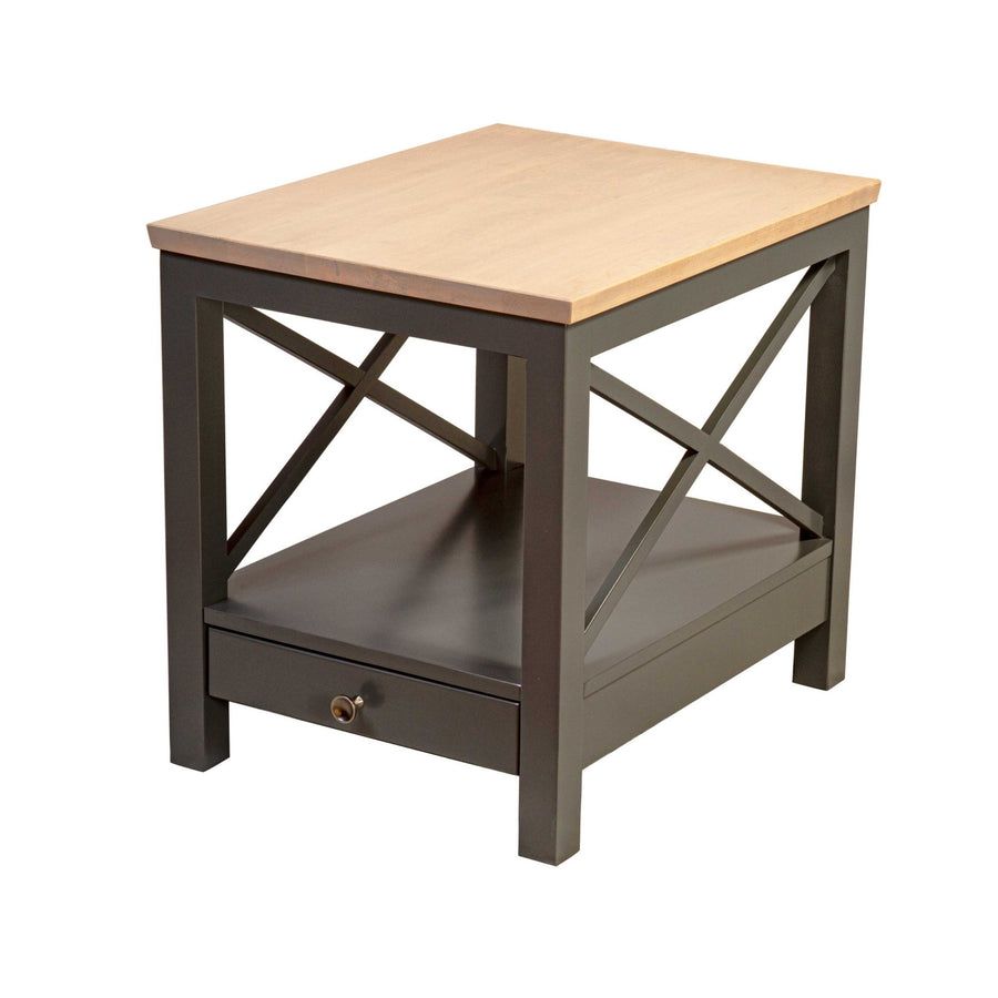 Rectangular end table with a light maple top, dark charcoal painted base, X-braced sides, lower shelf and single knob drawer