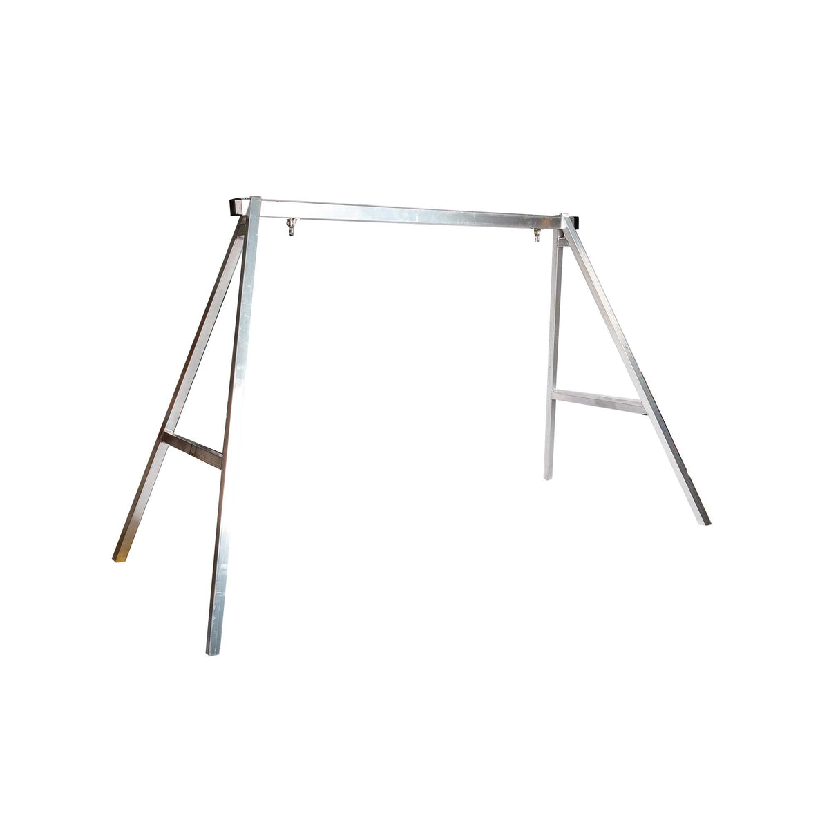 Bare galvanized metal A-frame porch swing stand with hanging hooks, shown on a white background