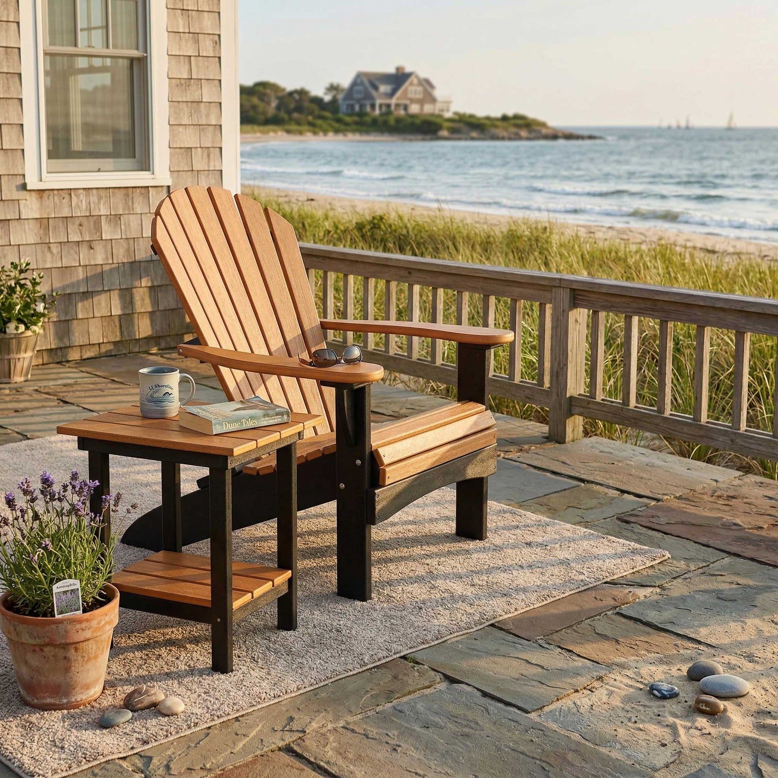 Wood-toned poly Adirondack chair with matching side table, mug and book on a seaside patio by the dunes