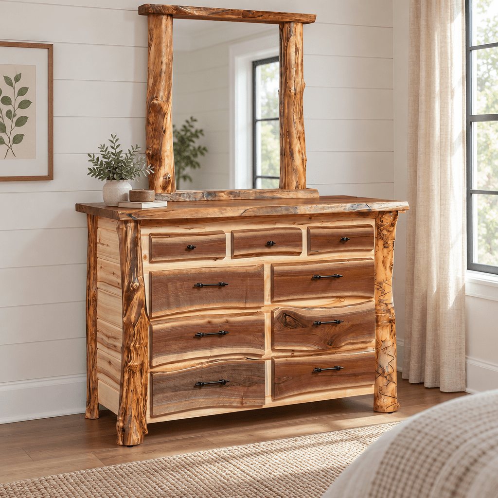 Amish Sawtooth Aspen & Walnut 3 over 6 Drawer Dresser shown in the bedroom of a modern farmhouse home