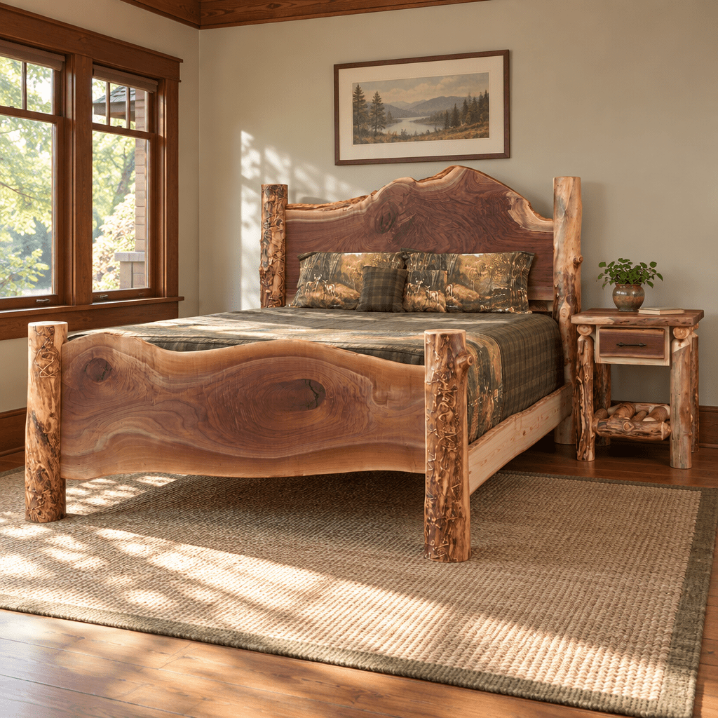 Amish Sawtooth Aspen & Walnut Log Bed shown in the bedroom of a craftsman bungalow home
