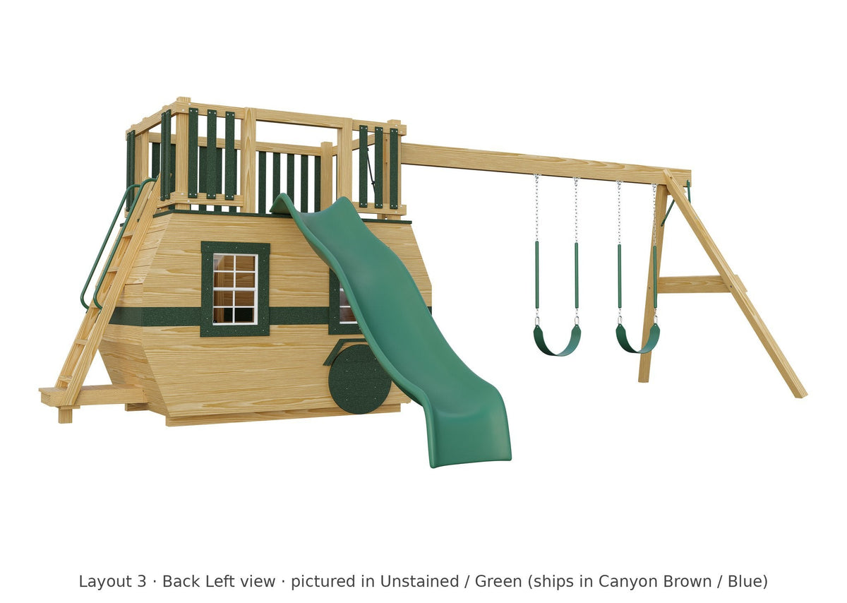 Amish Scout Camper Wooden Swing Set & Playset Kit – Layout 3, back left view (shown in Unstained with Green accents)