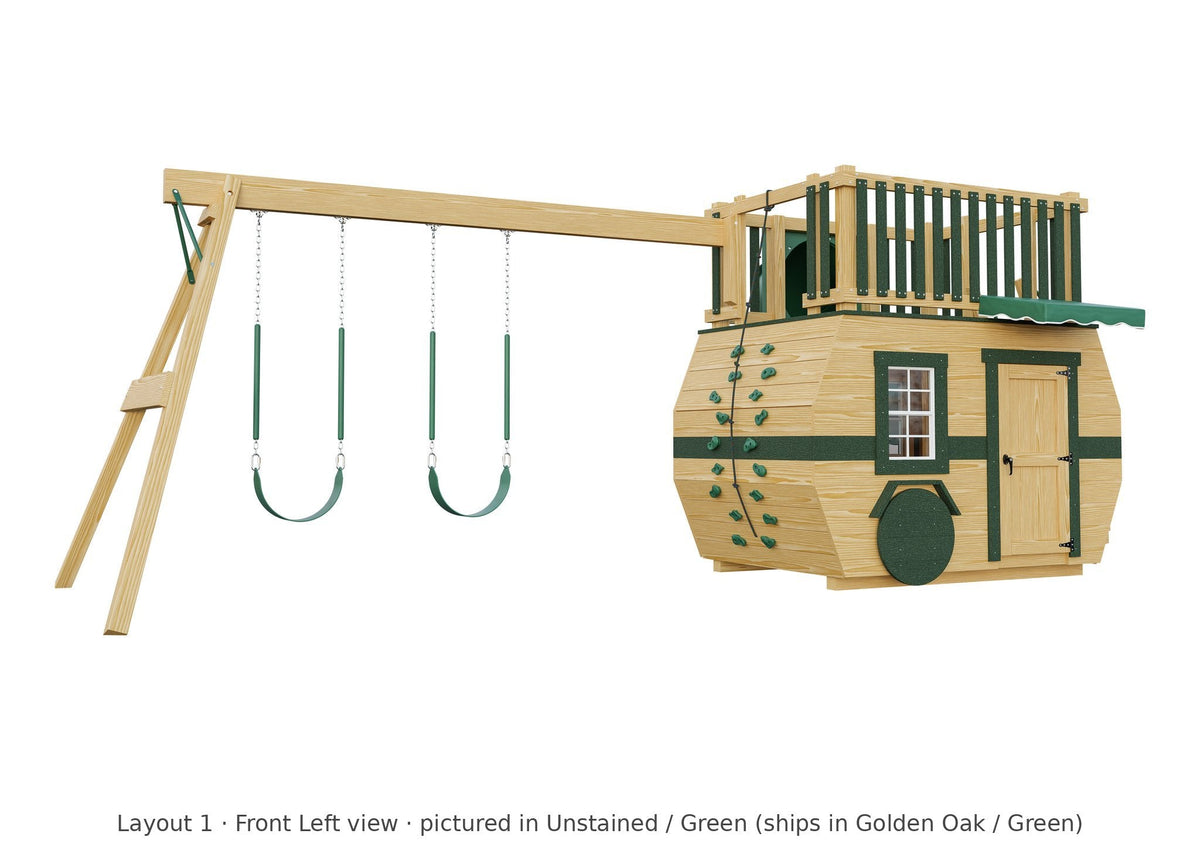 Amish Scout Camper Wooden Swing Set & Playset Kit – Layout 1, front left view (shown in Unstained with Green accents)