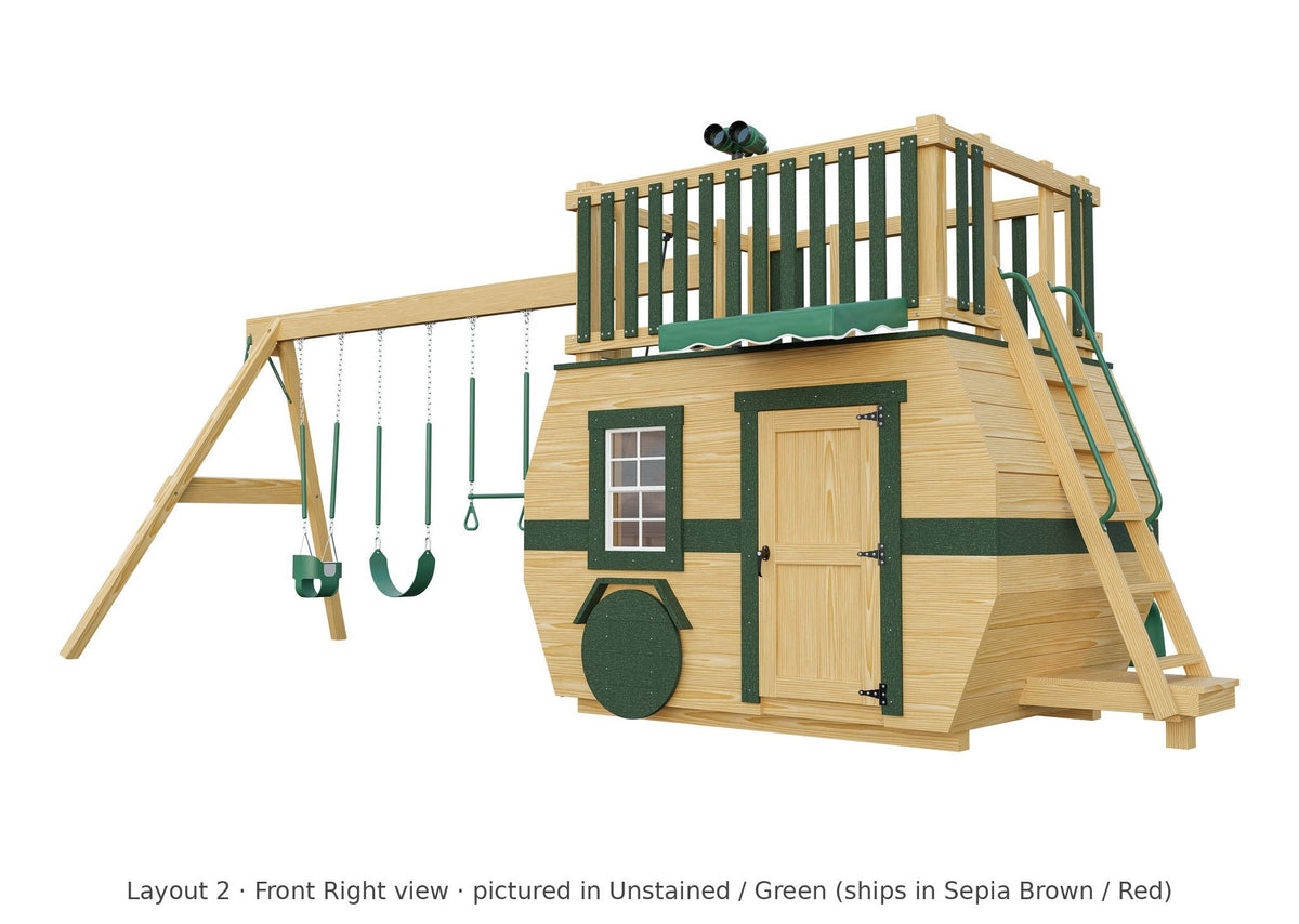 Amish Scout Camper Wooden Swing Set & Playset Kit – Layout 2, front right view (shown in Unstained with Green accents)