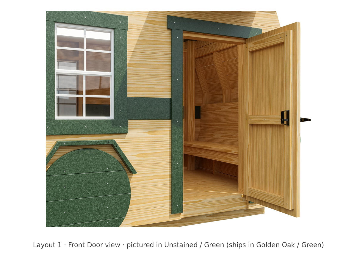 Amish Scout Camper Wooden Swing Set & Playset Kit – Layout 1, front door view (shown in Unstained with Green accents)