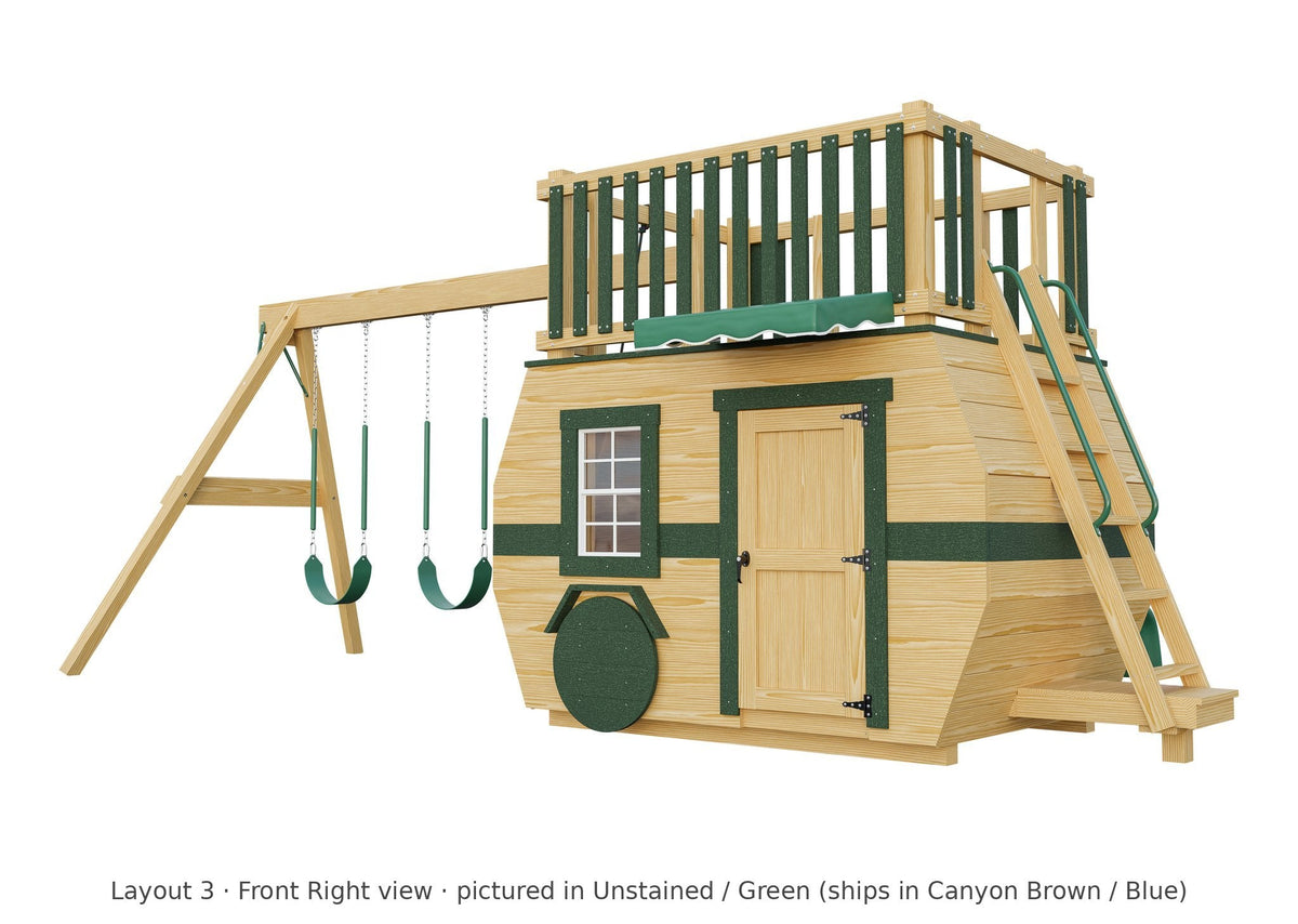 Amish Scout Camper Wooden Swing Set & Playset Kit – Layout 3, front right view (shown in Unstained with Green accents)