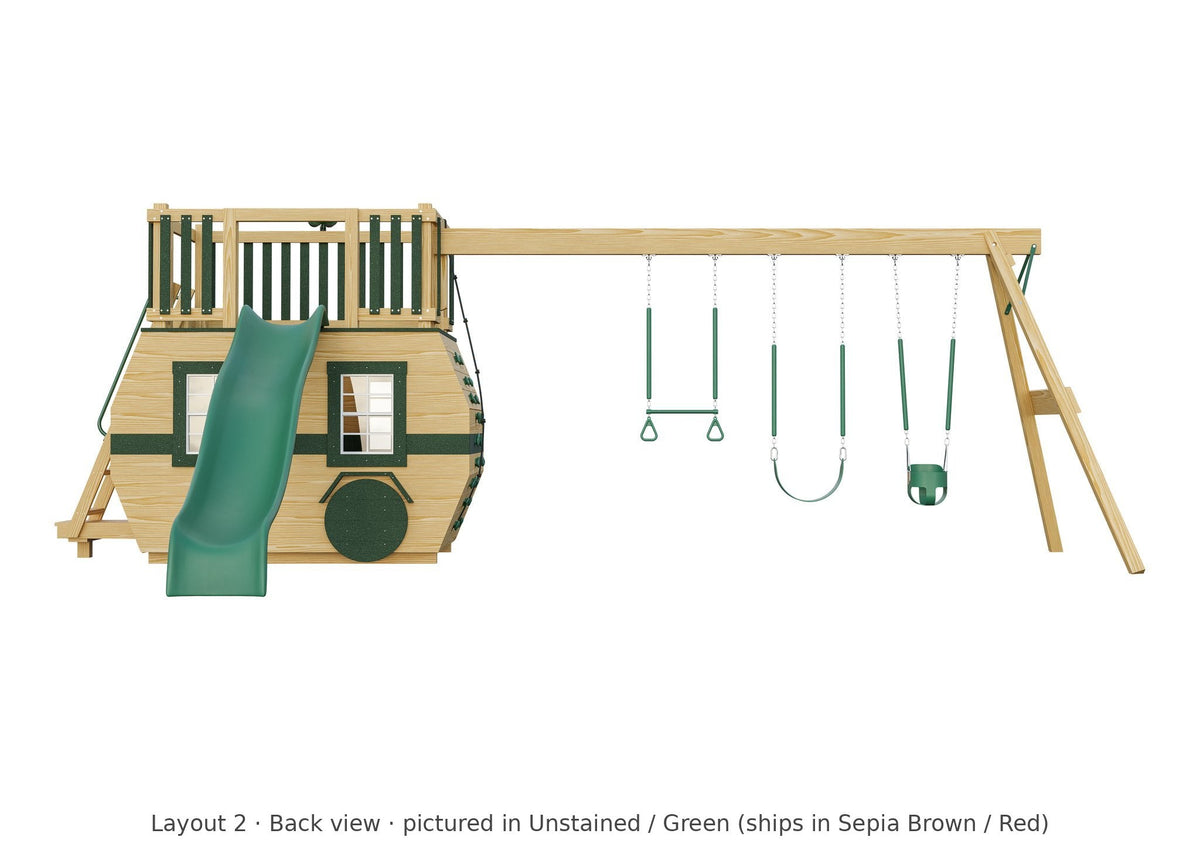 Amish Scout Camper Wooden Swing Set & Playset Kit – Layout 2, back view (shown in Unstained with Green accents)