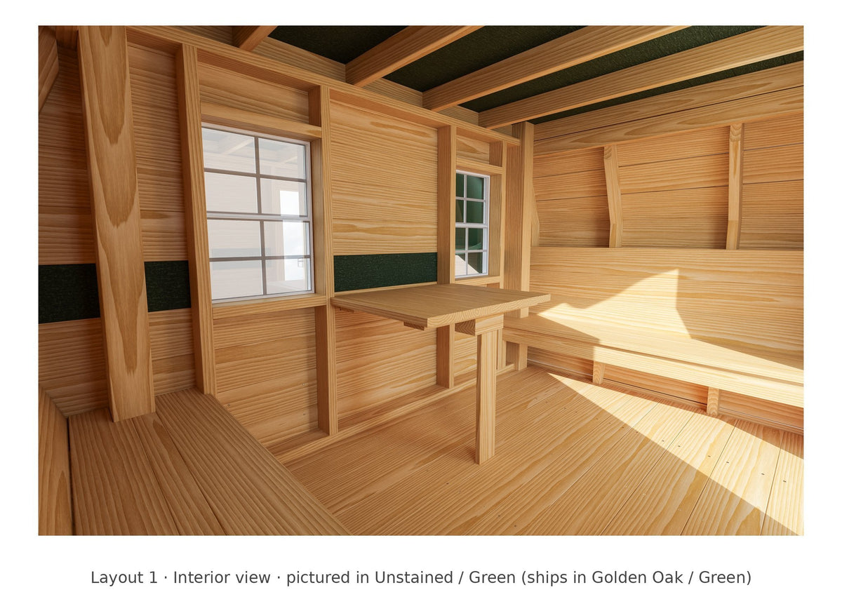 Amish Scout Camper Wooden Swing Set & Playset Kit – Layout 1, interior view (shown in Unstained with Green accents)