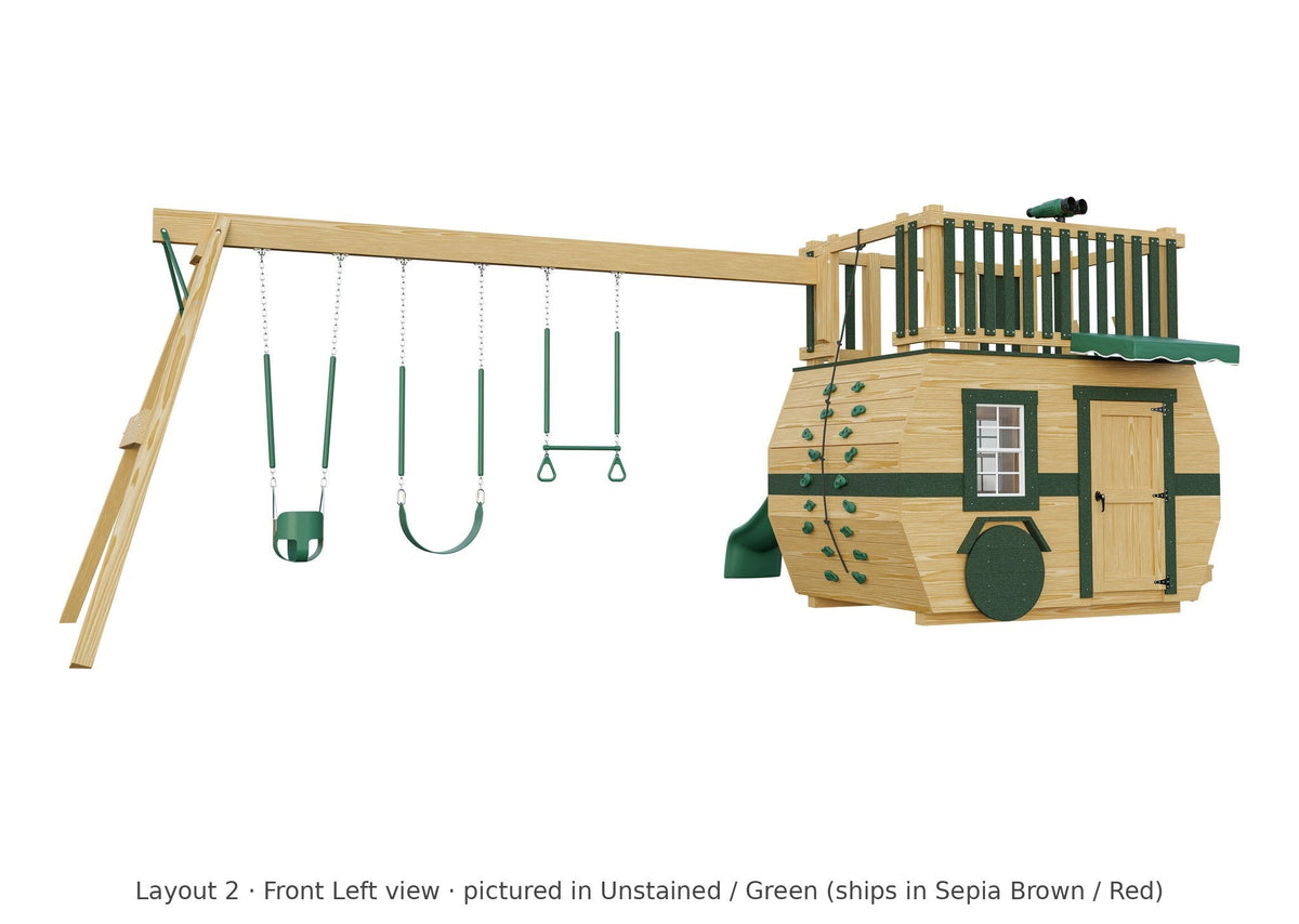 Amish Scout Camper Wooden Swing Set & Playset Kit – Layout 2, front left view (shown in Unstained with Green accents)