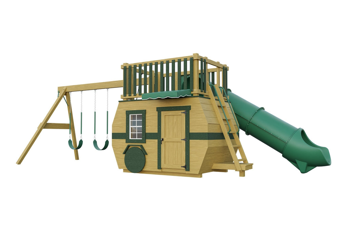 Amish Scout Camper Wooden Swing Set & Playset Kit – Layout 1, Golden Oak with Green accents