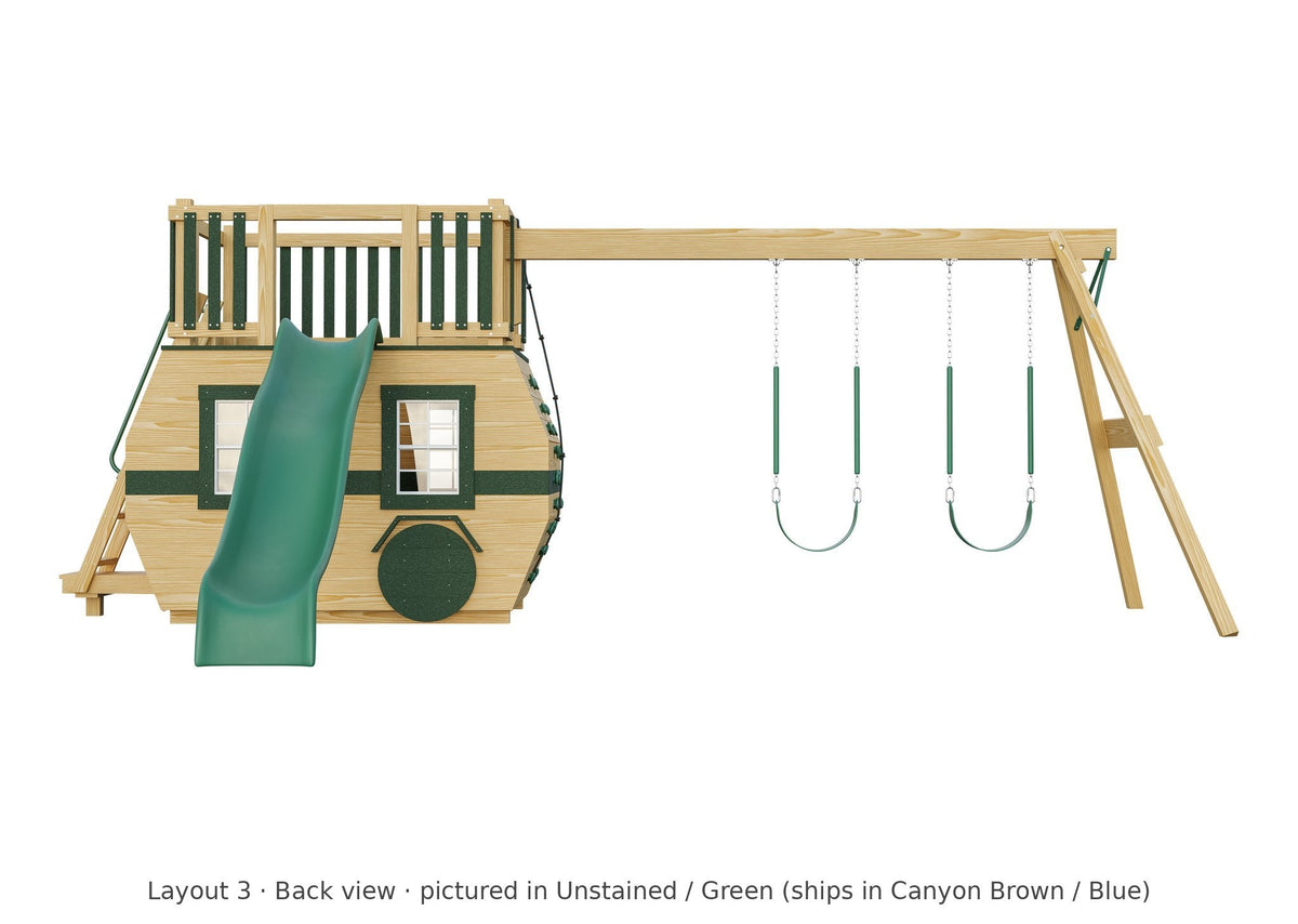 Amish Scout Camper Wooden Swing Set & Playset Kit – Layout 3, back view (shown in Unstained with Green accents)