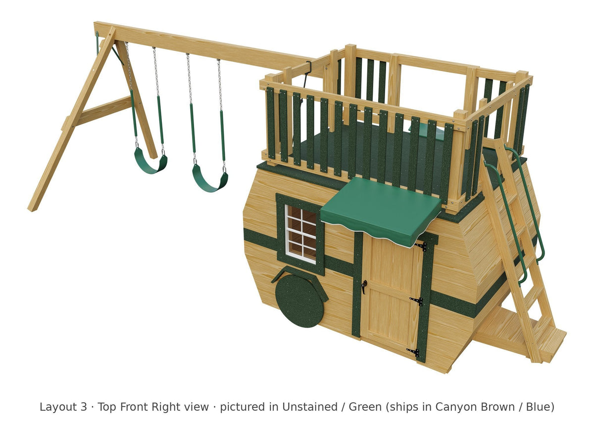 Amish Scout Camper Wooden Swing Set & Playset Kit – Layout 3, top front right view (shown in Unstained with Green accents)