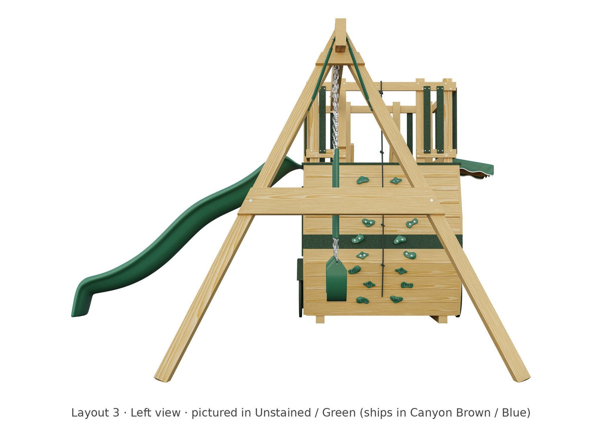 Amish Scout Camper Wooden Swing Set & Playset Kit – Layout 3, left view (shown in Unstained with Green accents)