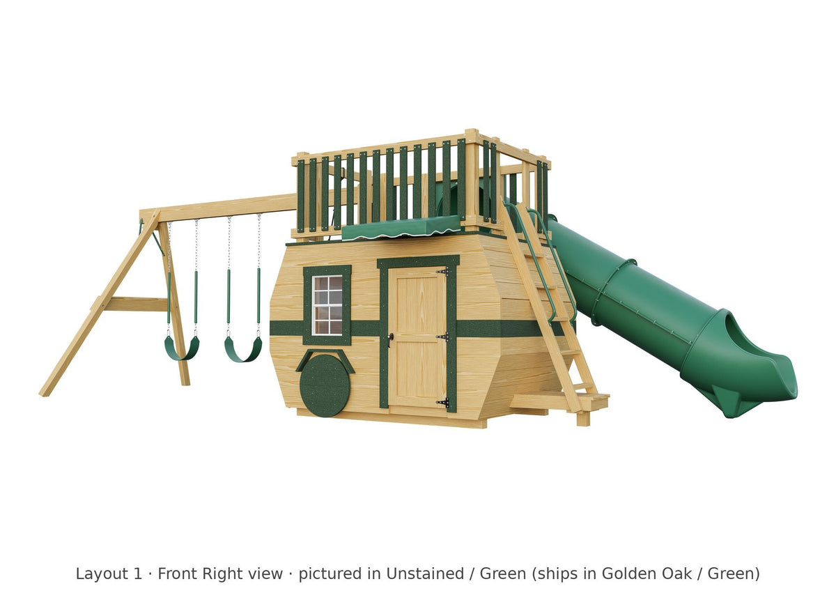 Amish Scout Camper Wooden Swing Set & Playset Kit – Layout 1, front right view (shown in Unstained with Green accents)