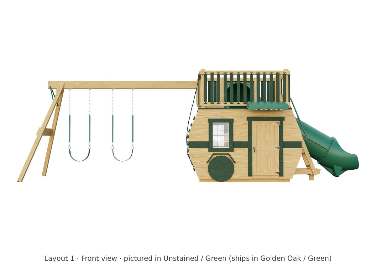 Amish Scout Camper Wooden Swing Set & Playset Kit – Layout 1, front view (shown in Unstained with Green accents)