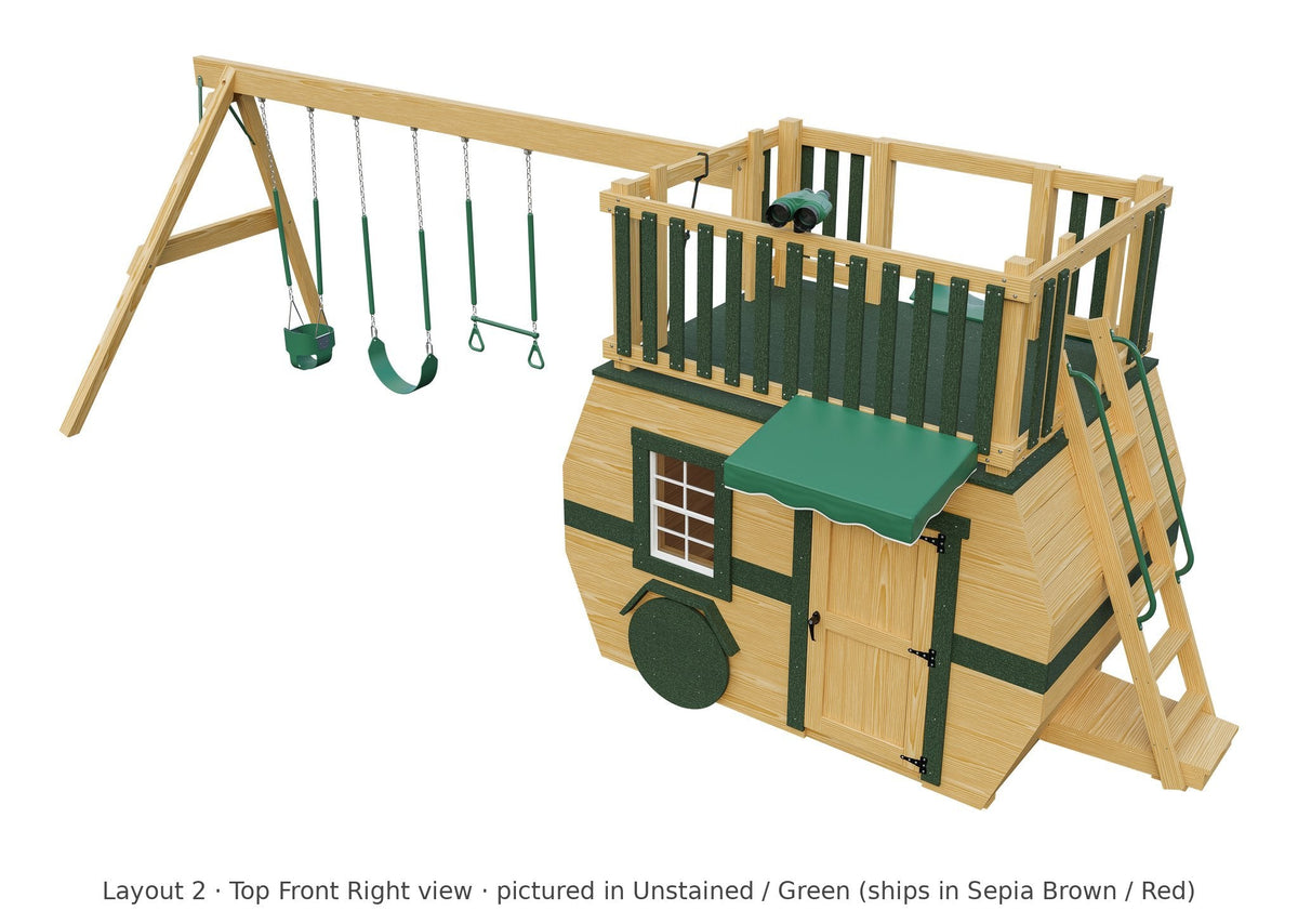 Amish Scout Camper Wooden Swing Set & Playset Kit – Layout 2, top front right view (shown in Unstained with Green accents)