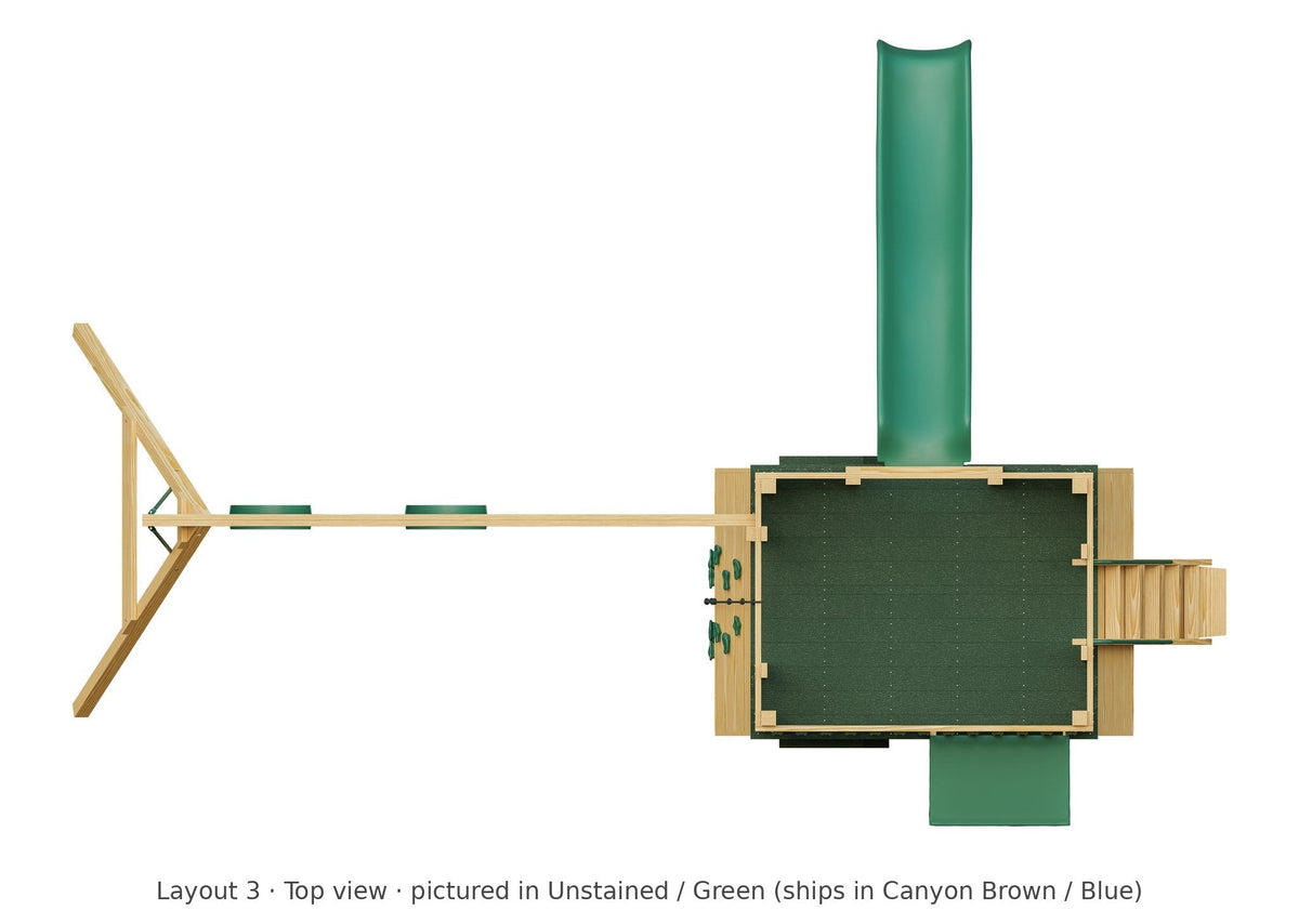 Amish Scout Camper Wooden Swing Set & Playset Kit – Layout 3, top view (shown in Unstained with Green accents)