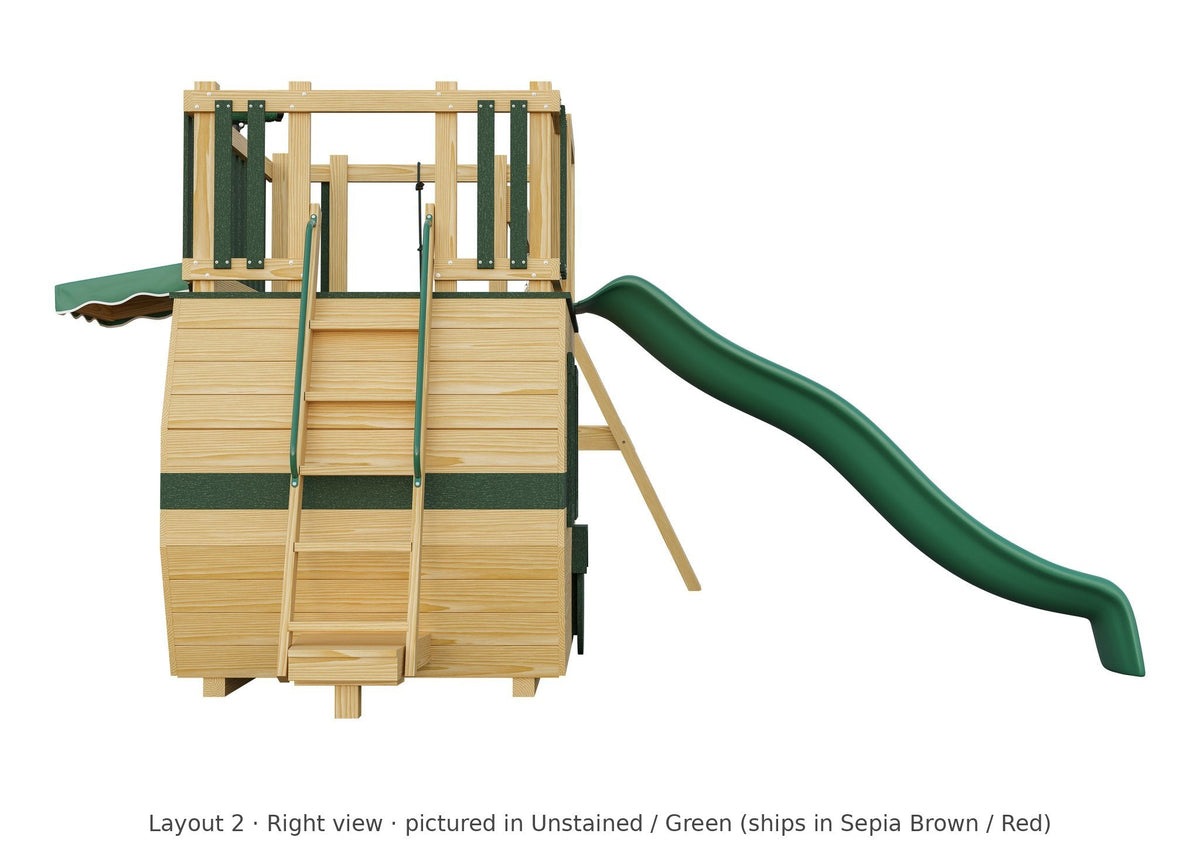 Amish Scout Camper Wooden Swing Set & Playset Kit – Layout 2, right view (shown in Unstained with Green accents)