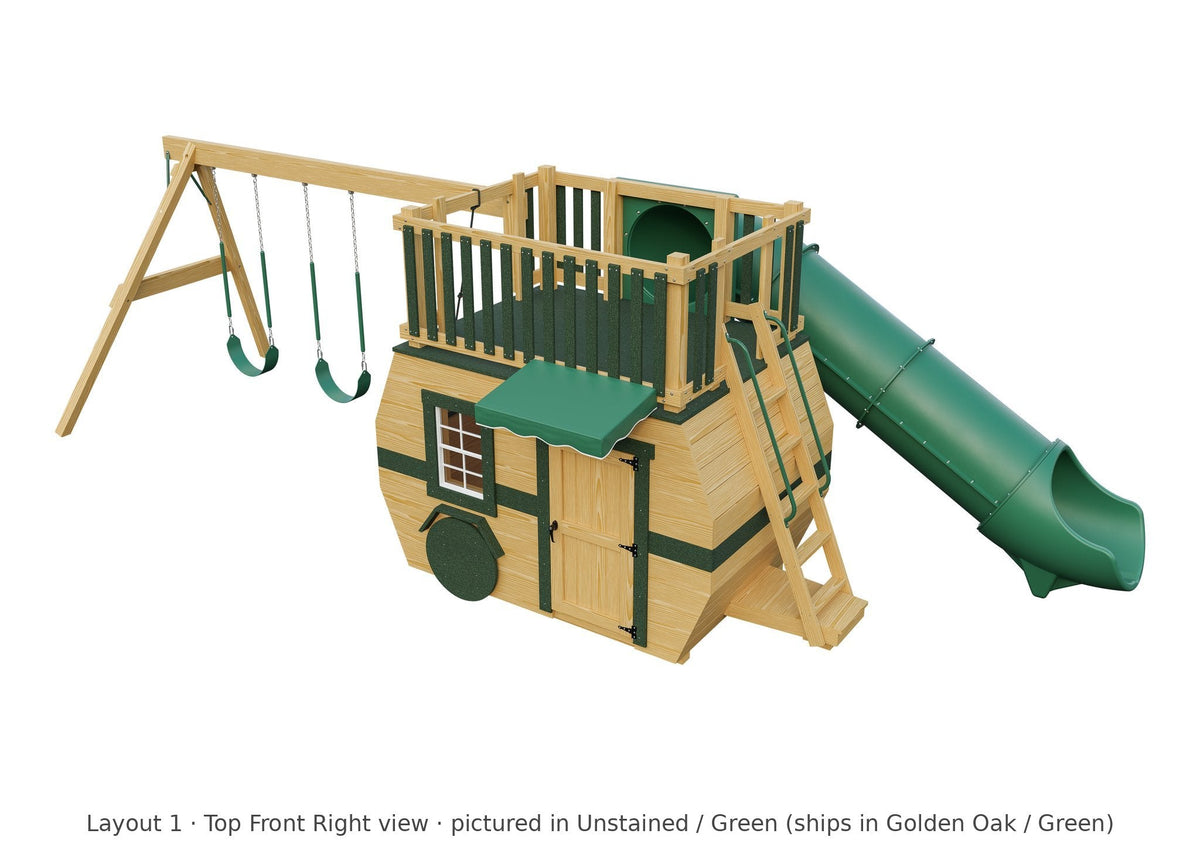Amish Scout Camper Wooden Swing Set & Playset Kit – Layout 1, top front right view (shown in Unstained with Green accents)