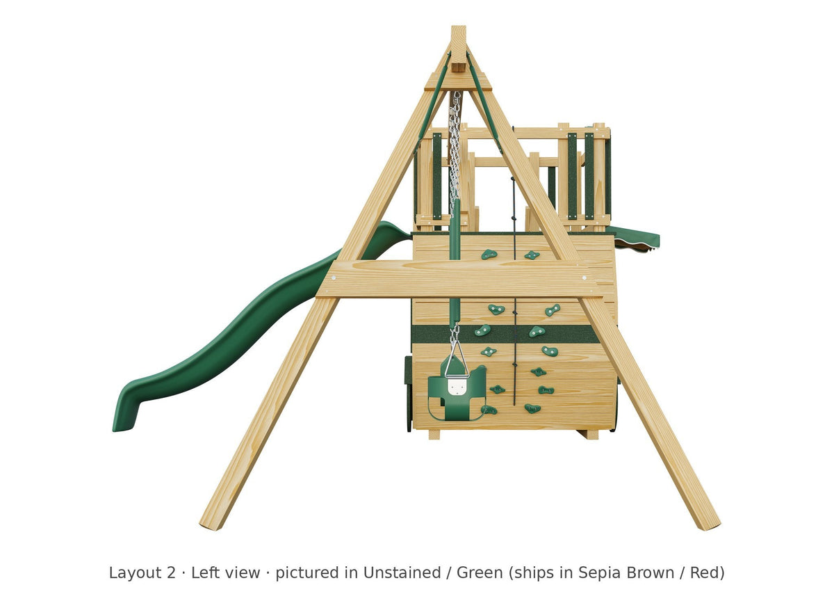 Amish Scout Camper Wooden Swing Set & Playset Kit – Layout 2, left view (shown in Unstained with Green accents)