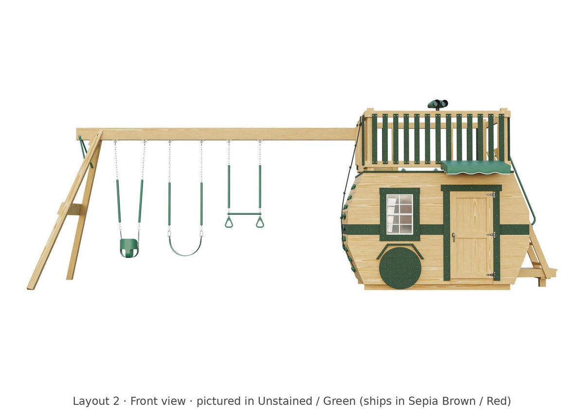 Amish Scout Camper Wooden Swing Set & Playset Kit – Layout 2, front view (shown in Unstained with Green accents)