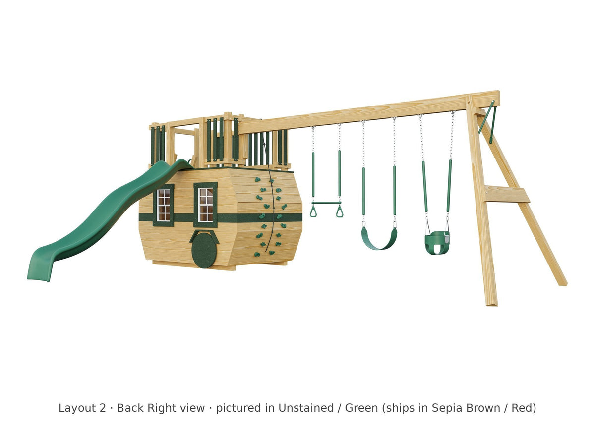 Amish Scout Camper Wooden Swing Set & Playset Kit – Layout 2, back right view (shown in Unstained with Green accents)