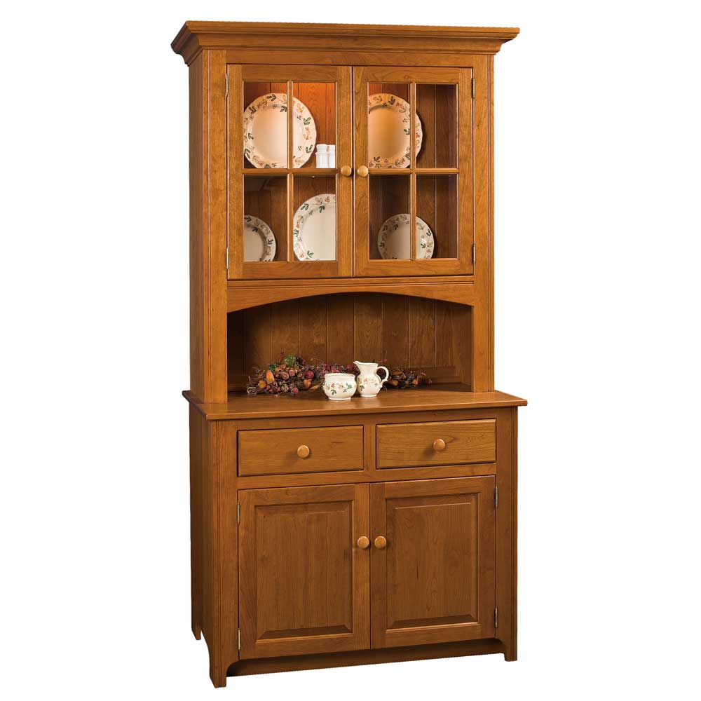 Cherry Shaker china cabinet with two glass doors, arched open display shelf, two drawers and two raised panel doors below