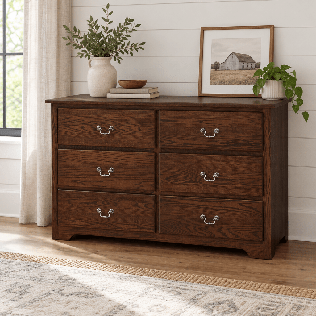 Amish Shaker 6-Drawer Dresser shown in the bedroom of a modern farmhouse home