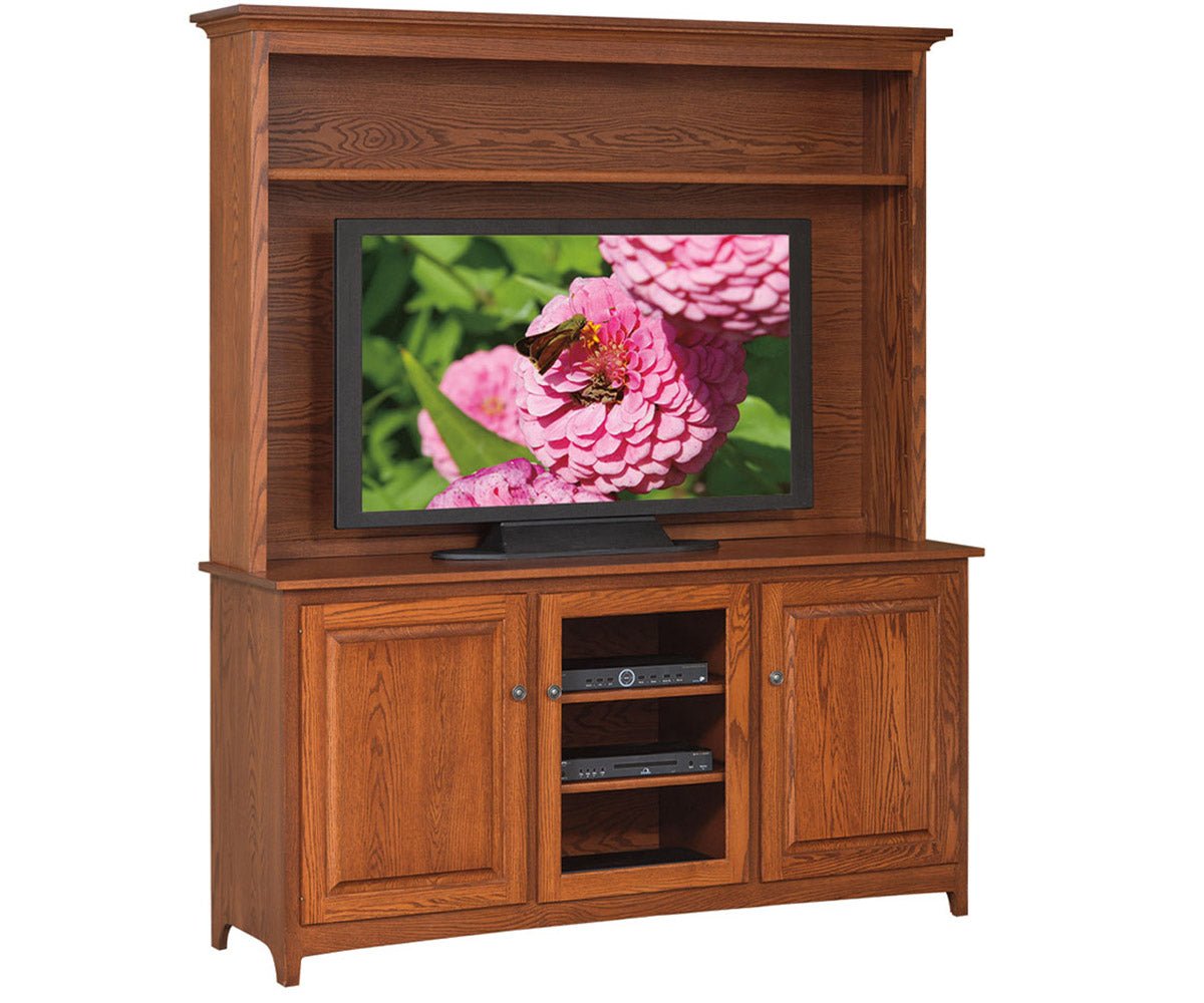 Oak Shaker TV stand with hutch, upper display shelf, two panel doors and open center bay with three media shelves