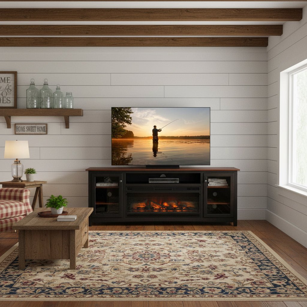 Black TV stand with a wood top and a long electric fireplace flanked by glass doors, on a white shiplap wall