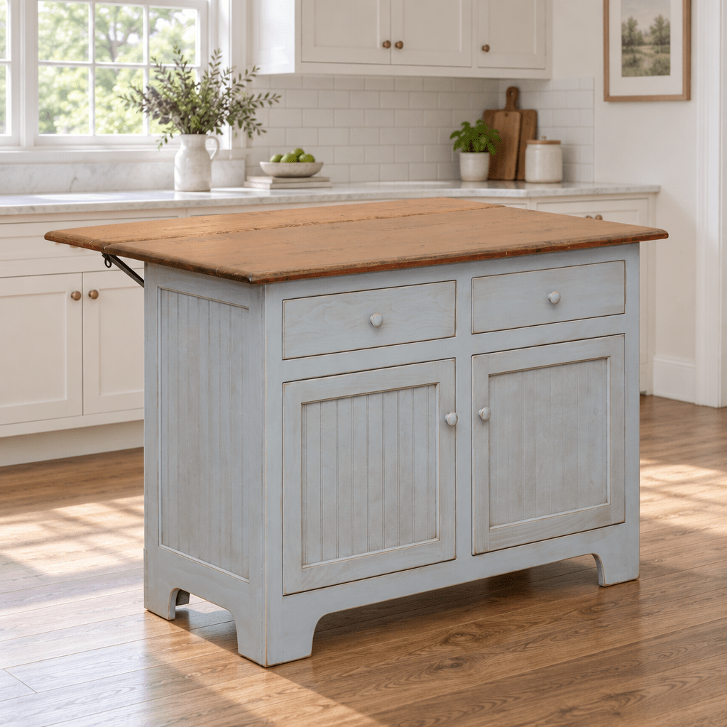Amish Shaker Kitchen Island with Drop leaf shown in the kitchen of a transitional home