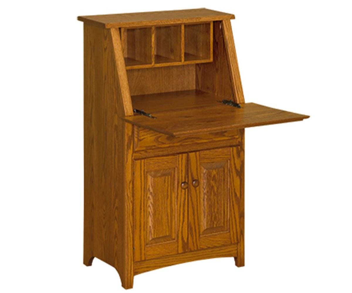 Oak mini secretary desk with the drop lid open, showing cubby dividers, a writing surface and two panel doors below