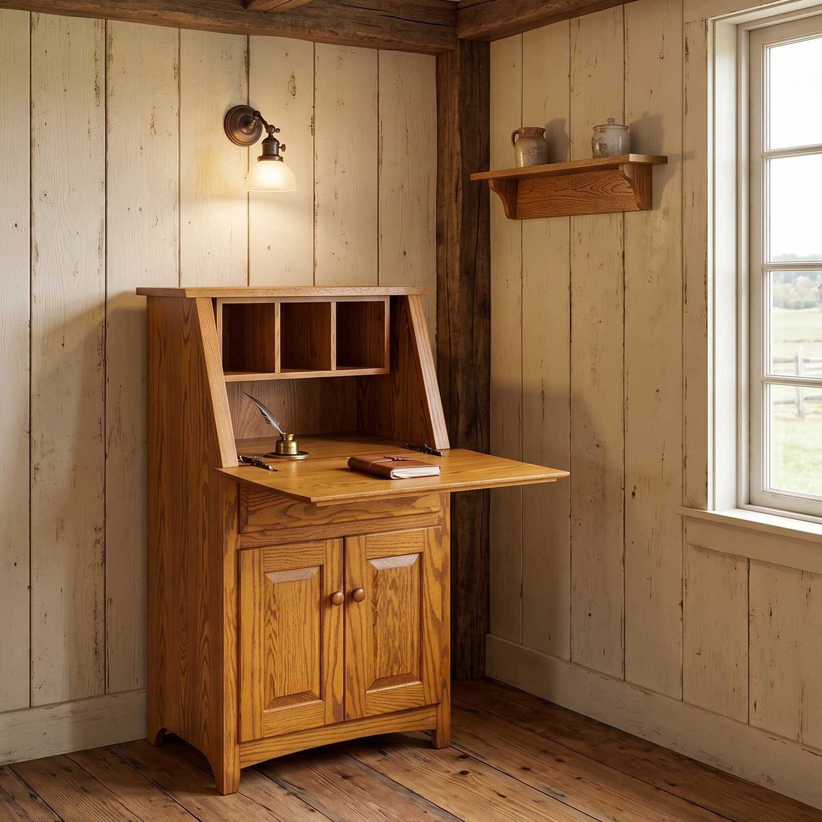 A rustic wooden writing desk cabinet with a slatted back, pull-out writing surface, and two lower cabinet doors, shown in a cabin-style room with wood-paneled walls and a window.