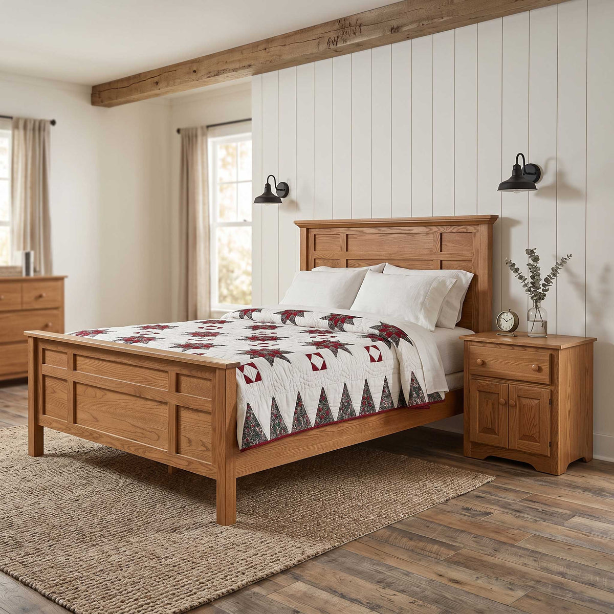 A rustic wooden bed frame with a matching headboard and footboard, styled in a bright, modern farmhouse bedroom with a patterned quilt, bedside table, and wall sconces.