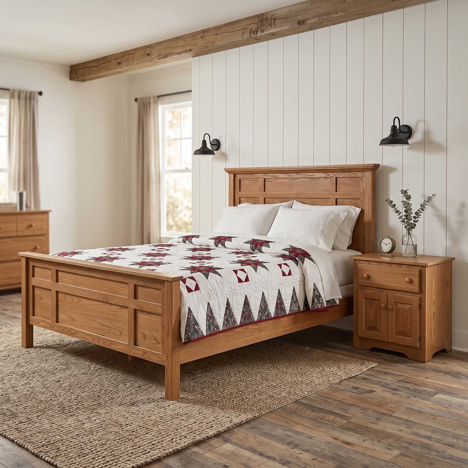 A rustic wooden bed frame with a matching headboard and footboard, styled in a bright, modern farmhouse bedroom with a patterned quilt, bedside table, and wall sconces.