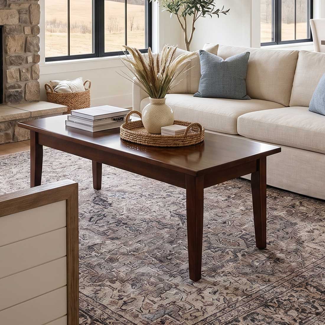 A dark brown wooden coffee table in a styled living room setting, featuring a beige sofa, a patterned area rug, and decorative items on the tabletop.